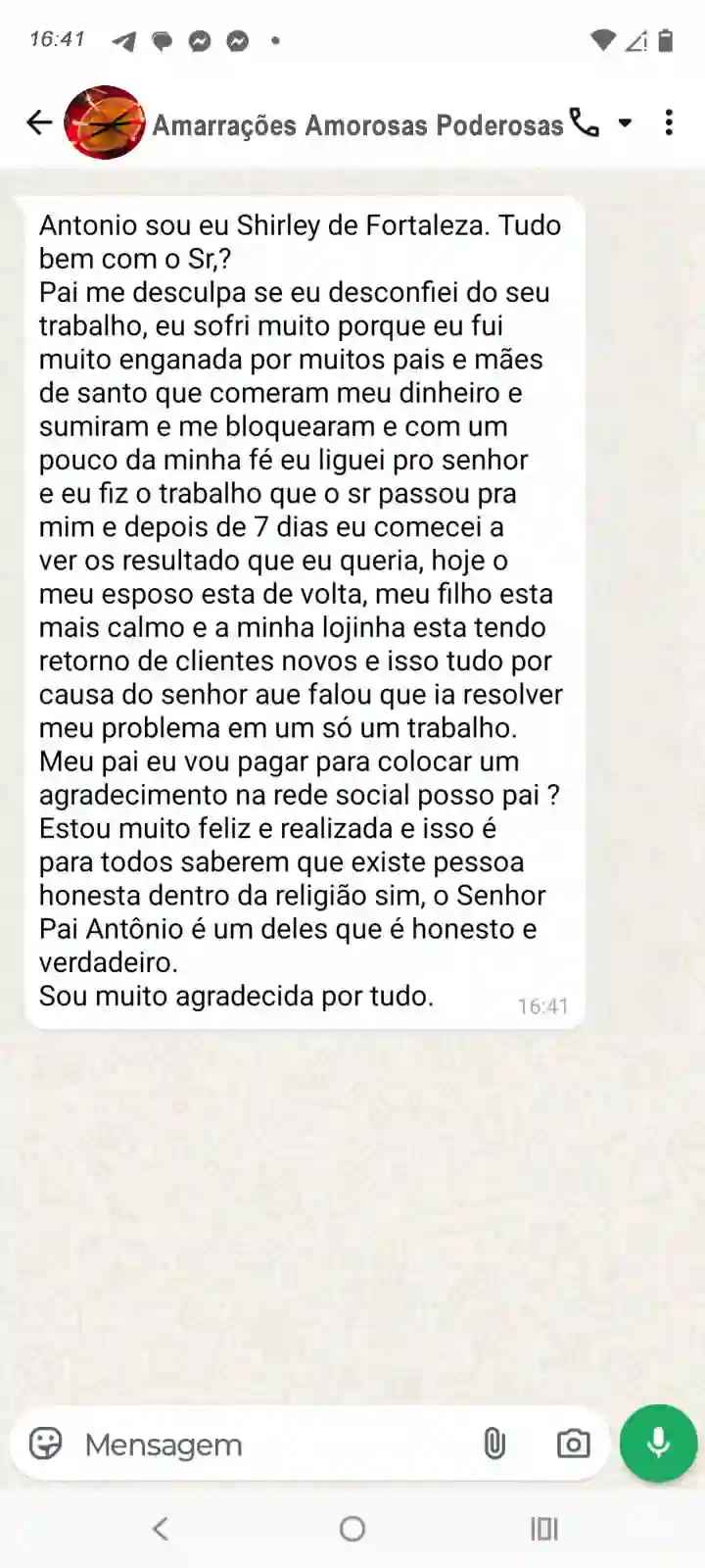 Depoimento real — cliente satisfeito com trabalho espiritual